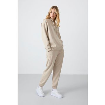 Tommy Life 95288 Kapüşonlu Kanguru Cep Oversize Lastik Paça Bej Kadın Eşofman Takımı