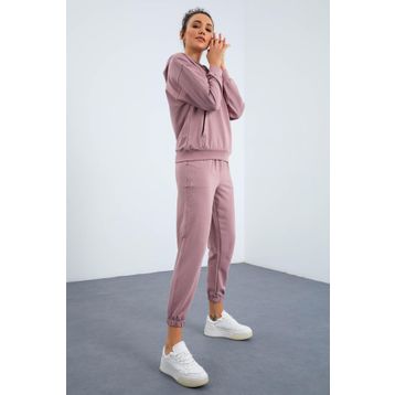 Tommy Life 95288 Kapüşonlu Kanguru Cep Oversize Lastik Paça Gül Kadın Eşofman Takımı