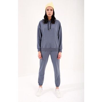 Tommy Life 95288 Kapüşonlu Kanguru Cep Oversize Lastik Paça Petrol Kadın Eşofman Takımı