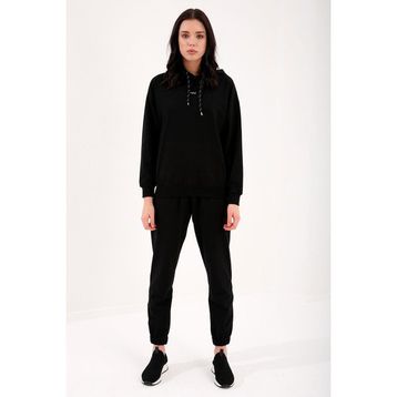 Tommy Life 95288 Kapüşonlu Kanguru Cep Oversize Lastik Paça Siyah Kadın Eşofman Takımı