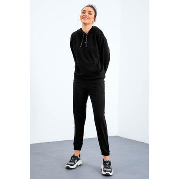 Tommy Life 95288 Kapüşonlu Kanguru Cep Oversize Lastik Paça Siyah Kadın Eşofman Takımı