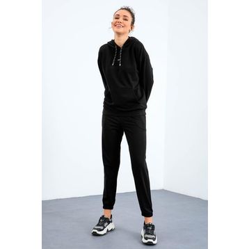 Tommy Life 95288 Kapüşonlu Kanguru Cep Oversize Lastik Paça Siyah Kadın Eşofman Takımı