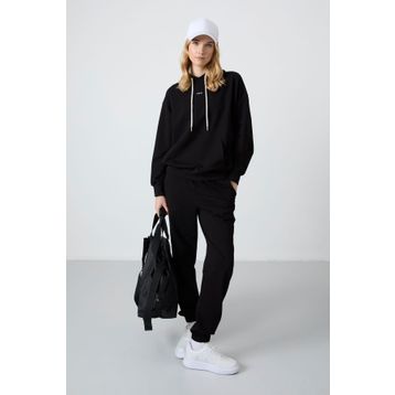 Tommy Life 95288 Kapüşonlu Kanguru Cep Oversize Lastik Paça Siyah Kadın Eşofman Takımı