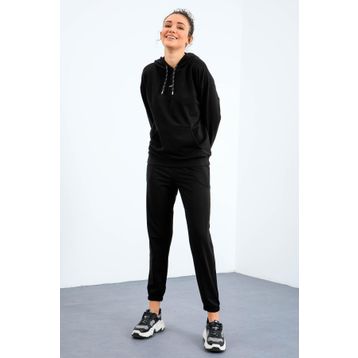 Tommy Life 95288 Kapüşonlu Kanguru Cep Oversize Lastik Paça Siyah Kadın Eşofman Takımı