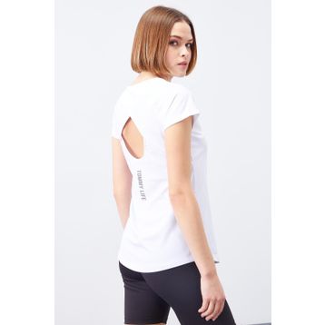 Tommy Life 97101 Beyaz Sırt Pencereli Kısa Kol Standart Kalıp O Yaka Kadın T-Shirt