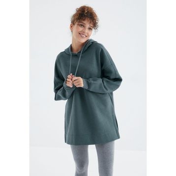 Tommy Life 97242 Kadın Orman Yeşili Reglan Kol Basic Kapüşonlu Oversize Tunik