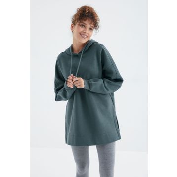 Tommy Life 97242 Kadın Orman Yeşili Reglan Kol Basic Kapüşonlu Oversize Tunik