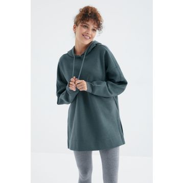 Tommy Life 97242 Kadın Orman Yeşili Reglan Kol Basic Kapüşonlu Oversize Tunik