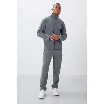 Tommylife 85193 Gri Melanj Dik Yaka Basic Fermuar Cepli Standart Kalıp Erkek Polar Eşofman Takımı