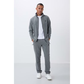 Tommylife 85193 Gri Melanj Dik Yaka Basic Fermuar Cepli Standart Kalıp Erkek Polar Eşofman Takımı