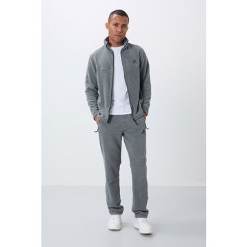 Tommylife 85193 Gri Melanj Dik Yaka Basic Fermuar Cepli Standart Kalıp Erkek Polar Eşofman Takımı