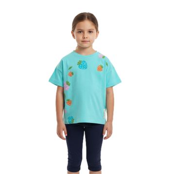 Toontoy 25005 Kız Çocuk Bisiklet Yaka Düşük Omuz Kısa Kollu Baskılı Tişört