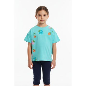 Toontoy 25005 Kız Çocuk Bisiklet Yaka Düşük Omuz Kısa Kollu Baskılı Tişört