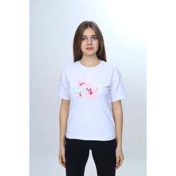 Toontoy 25011 Kız Çocuk Bisiklet Yaka Düşük Omuz Kısa Kollu Baskılı Tişört