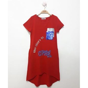 Toontoy Cepli Pul Baskılı Kırmızı Kız Çocuk Elbise