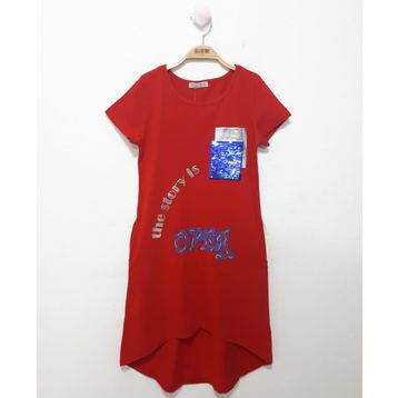 Toontoy Cepli Pul Baskılı Kırmızı Kız Çocuk Elbise