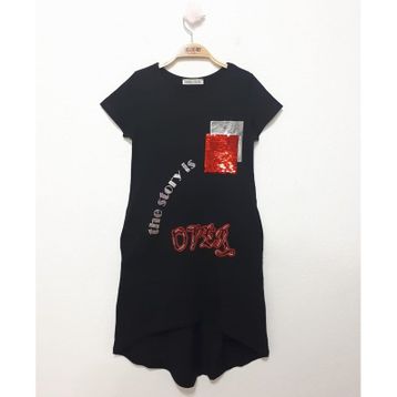 Toontoy Cepli Pul Baskılı Siyah Kız Çocuk Elbise