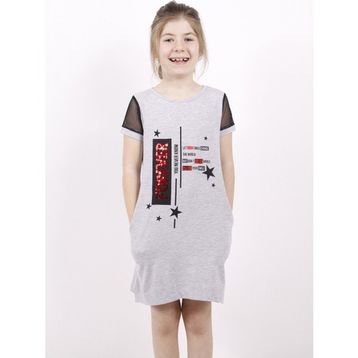 Toontoy Forever Pul Nakışlı Kol Fileli Gri Melanj Kız Çocuk Elbise