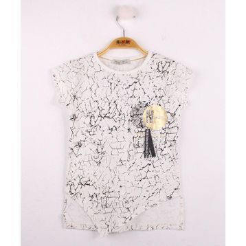Toontoy Göğsü Şerit Aksesuarlı Ekru Kız Çocuk T-shirt