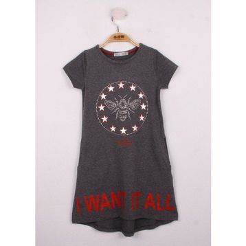 Toontoy I Want It All Baskılı Antrasit Melanj Kız Çocuk Elbise