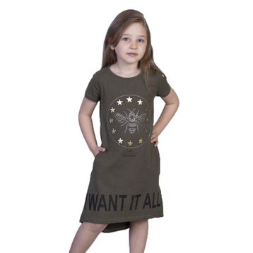 Toontoy I Want It All Baskılı Haki Kız Çocuk Elbise
