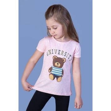 Toontoy Kids Ayıcık ve Yazı Baskılı Taş İşlemeli Pembe Melanj Kız Çocuk T-shirt