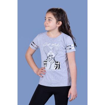 Toontoy Kids Baskılı Taş İşlemeli Arkası Tül Detaylı Gri Melanj Kız Çocuk T-shirt