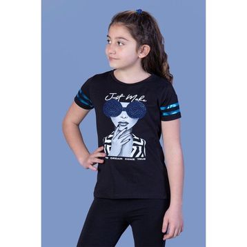 Toontoy Kids Baskılı Taş İşlemeli Arkası Tül Detaylı Siyah Kız Çocuk T-shirt