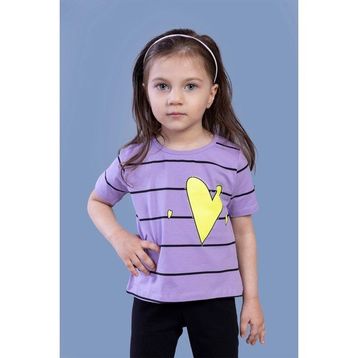 Toontoy Kids Çizgli Kalp Baskılı Taş İşlemeli Lila Kız Çocuk T-shirt
