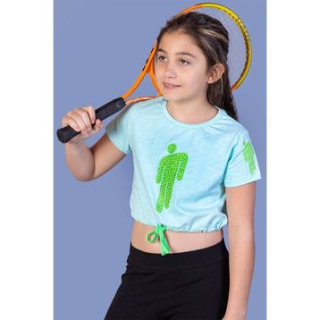 Toontoy Kids Crop Model Baskılı Taş İşlemeli Su Yeşili Kız Çocuk T-shirt
