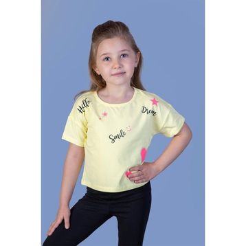 Toontoy Kids Crop Model Neon Baskılı Sarı Kız Çocuk T-shirt