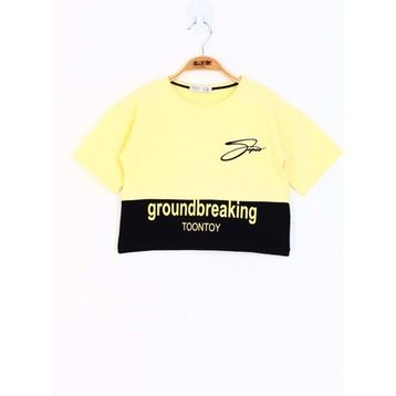 Toontoy Kids Düşük Kol Garni Detaylı Baskılı Sarı Kız Çocuk T-shirt