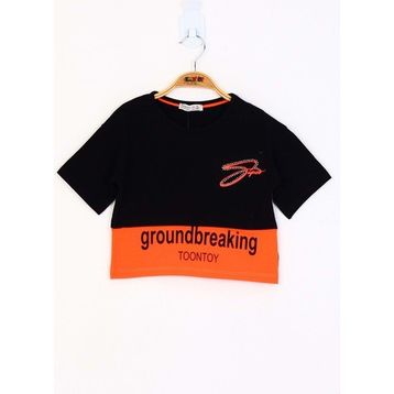 Toontoy Kids Düşük Kol Garni Detaylı Baskılı Siyah Kız Çocuk T-shirt