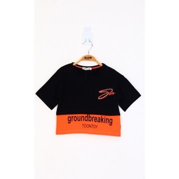 Toontoy Kids Düşük Kol Garni Detaylı Baskılı Siyah Kız Çocuk T-shirt