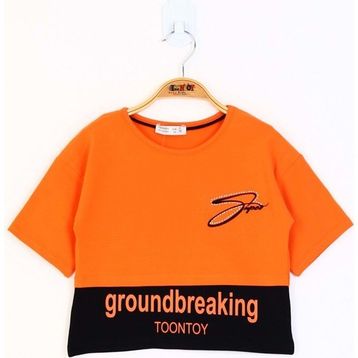 Toontoy Kids Düşük Kol Garni Detaylı Baskılı Turuncu Kız Çocuk T-shirt