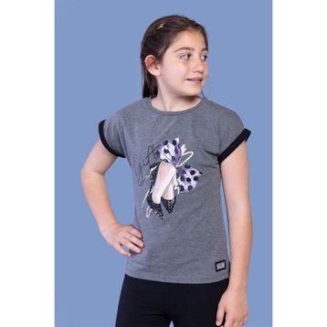 Toontoy Kids Fiyonk Baskılı Kolları Garni Detaylı Antrasit Melanj Kız Çocuk T-shirt