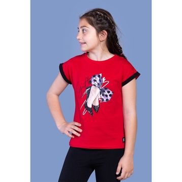 Toontoy Kids Fiyonk Baskılı Kolları Garni Detaylı Kırmızı Kız Çocuk T-shirt