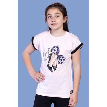 Toontoy Kids Fiyonk Baskılı Kolları Garni Detaylı Pudra Kız Çocuk T-shirt