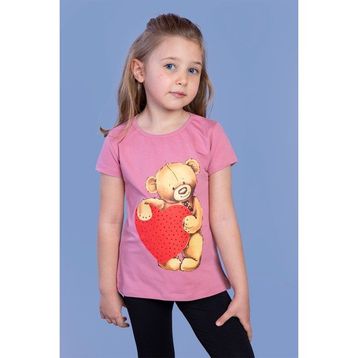 Toontoy Kids Kalpli Ayıcık Baskılı Taş İşlemeli Gül Kurusu Kız Çocuk T-shirt