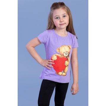 Toontoy Kids Kalpli Ayıcık Baskılı Taş İşlemeli Lila Kız Çocuk T-shirt