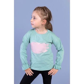 Toontoy Kids Kol Ucu Lastikli Taş İşlemeli Baskılı Yeşil Kız Çocuk T-shirt