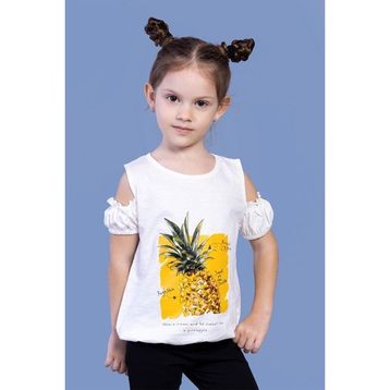 Toontoy Kids Kolları Detaylı Ananas Baskılı Ekru Kız Çocuk T-shirt