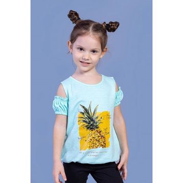 Toontoy Kids Kolları Detaylı Ananas Baskılı Su Yeşili Kız Çocuk T-shirt