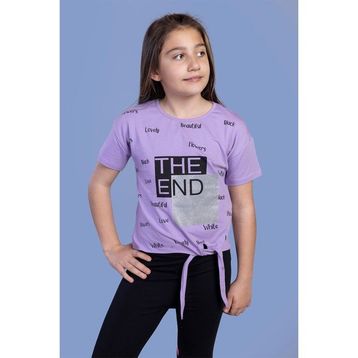Toontoy Kids Komple Baskılı Bağlama Detaylı Lila Kız Çocuk T-shirt