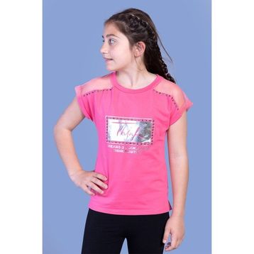 Toontoy Kids Omzu Tül Detaylı Varak Baskılı Fuşya Kız Çocuk T-shirt