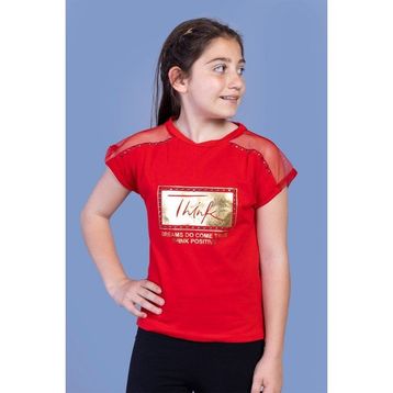 Toontoy Kids Omzu Tül Detaylı Varak Baskılı Kırmızı Kız Çocuk T-shirt