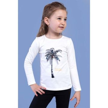 Toontoy Kids Palmiye Baskılı Pul İşlemeli Ekru Kız Çocuk T-shirt