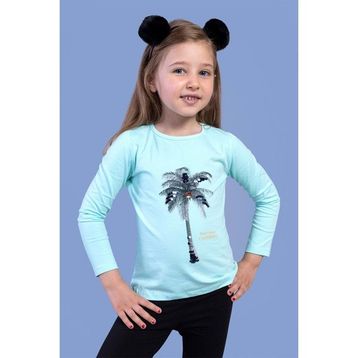 Toontoy Kids Palmiye Baskılı Pul İşlemeli Su Yeşili Kız Çocuk T-shirt