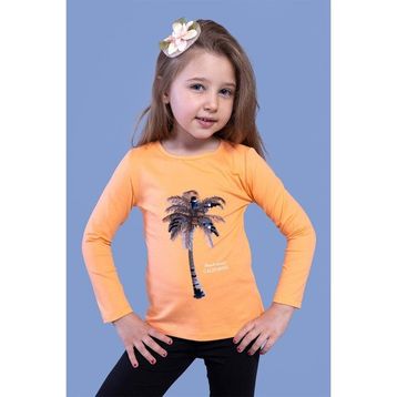 Toontoy Kids Palmiye Baskılı Pul İşlemeli Turuncu Kız Çocuk T-shirt