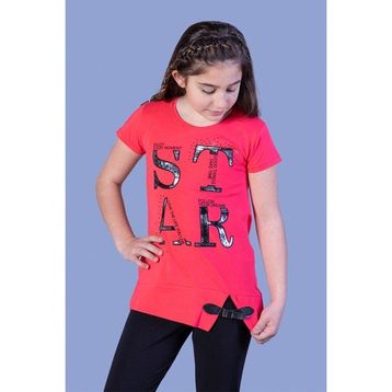 Toontoy Kids Star Baskılı Kemer Detaylı Nar Çiçeği Kız Çocuk T-shirt